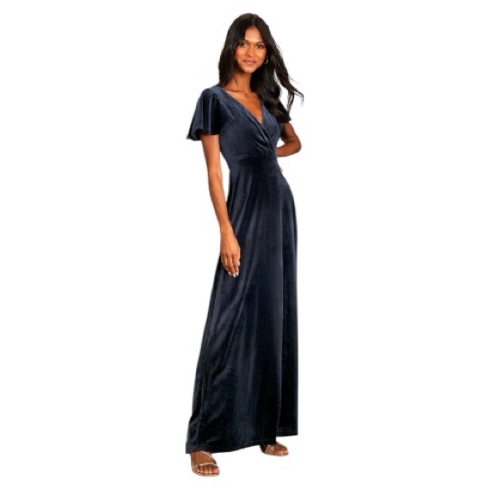 Lulus Navy Blue Velvet Maxi Dress V-Neck Cap Sleeve Holiday Formal Medium